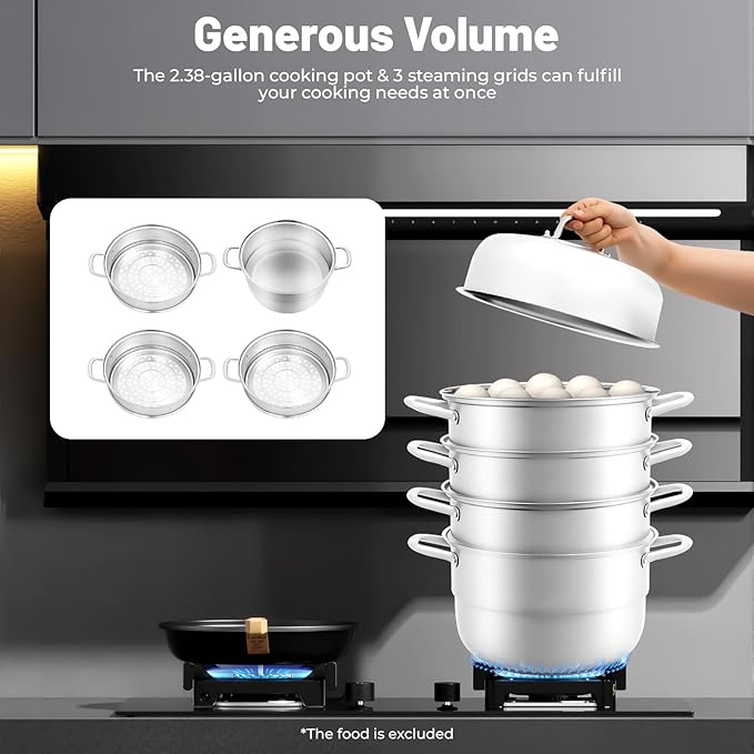 5-Tier Food Steamer Pot for Cooking, 2.38 Gal Stainless Steel Steamer Pot with Lid, Stackable Steaming Pots Steam Cooker Cookware for Dumpling Seafood, Compatible with Gas Stove (12.8 Diameter)