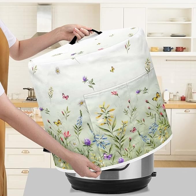 Dust Cover for 3 Quart Pressure Cooker and Extra Accessories, Dust Proof Easy to Clean Cover Electric Appliance Air Fryer Accessories with Storage Pocket, Floral Green