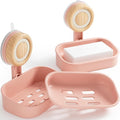 Double Layer Soap Dish for Shower 2 Pack, Wall Mounted Bar Soap Holder Suction Cup 2 Layer Self Draining Soap Case Sponge Holder for Shower Bathroom, Tub and Kitchen Sink, Pink