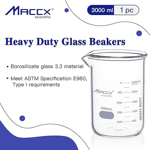 101.5oz(3000ml) Sturdy Glass Beaker, Heavy-Duty 3L Lab Beakers, 3.3 Borosilicate Griffin Low Form with Printed Graduation, BKL3K0-001