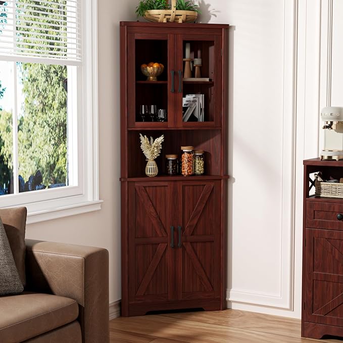 67''H Dark Brown Tall Corner Storage Cabinet with 4 Tempered Glass Doors and Barn Doors, Home Space Saver Decoration Farmhouse Cabinet with 5 Adjustable Shelves for Kitchen, Living Room