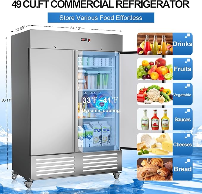 Commercial Refrigerator 54"W 2 Door Stainless Steel Reach-in Solid Door Upright Fridge Fan Cooling 49 Cu.ft Refrigerators 32-47°F for Restaurant, Bar, Shop