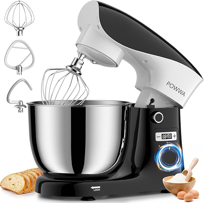 Stand Mixer, 6.5QT 10 Speeds Tilt-Head Electric Stand Mixer, 3-In-1 Kitchen Mixer with Bowl, Dough Hook, Whisk and Beater, Food Mixer for Baking and Daily Use (BLACK WHITE)