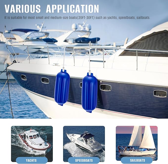 8.5 x 27 Inches Twin Eyes Ribbed Boat Fenders 4 Pack Boat Fenders Bumpers with Lines and Pump to Inflate for Docking