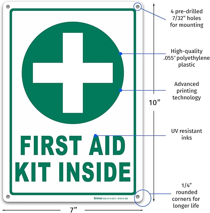 Brimar - 7" x 10" - First Aid Kit Inside Sign - Polyethylene Plastic - Bold Text And Symbol - Easy Installation