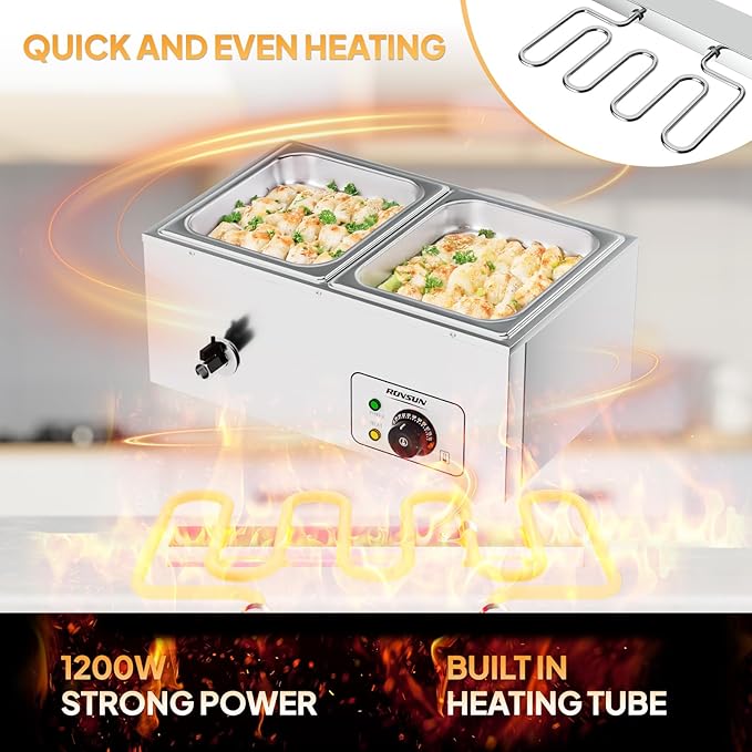 ROVSUN 21QT Electric Commercial Food Warmer, 2-Pan Steam Table 10.6 QT/Pan Stainless Steel Bain Marie Buffet Countertop with Temperature Control & Lid for Parties, Catering, Restaurants 110V