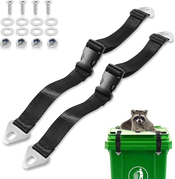 Bear Proof Trash Can Lock, Adjustable Garbage Can Straps with Lid Lock, Animal Proof Trash Can Locks for Bears, Raccoons, Critters, Outdoor Trash Can Enclosure, Black