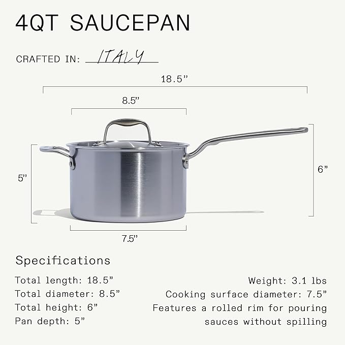 Made In Cookware - 4 Quart Stainless Steel Saucepan with Lid - 5 Ply Stainless Clad Sauce Pan - Professional Cookware - Crafted in Italy - Induction Compatible