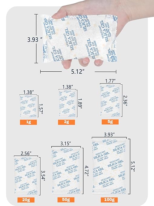 100 Gram (5 Pack) Color-Indicating Silica Gel Packets, Premium Food Grade Desiccant - Rechargeable Moisture Absorbers for Food Storage, Electronics, 3D Filament & Safes
