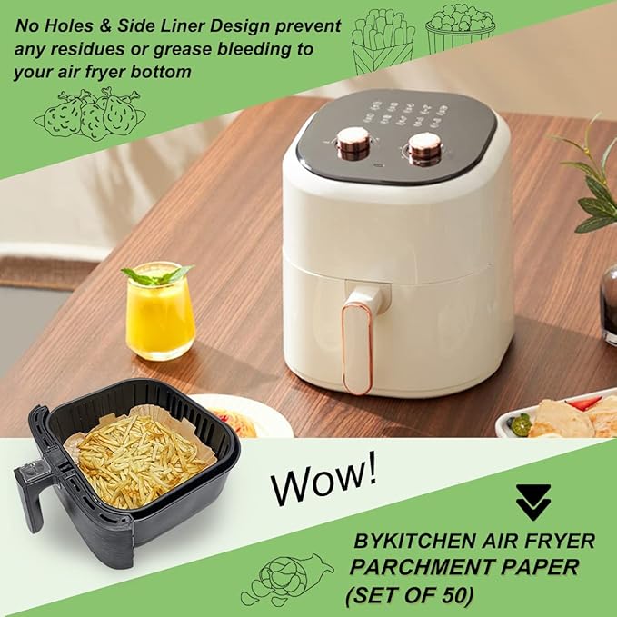 BYKITCHEN Square Air Fryer Paper Liner, 9 Inch Square Airfryer Disposable Liners, Air Fryer Accessories, Compatible with Corsori, Ninja, Gourmia and More(Set of 50)