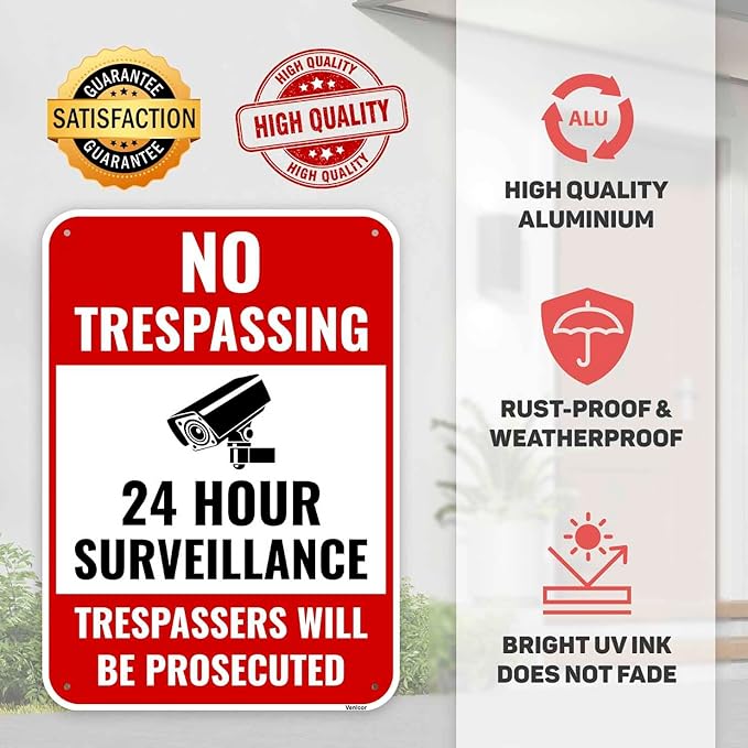 2PC 24 Hour Surveillance Sign, 14 x 10 Inches - Aluminum - Private Property No Trespassing - Security Camera Metal Warning Sign