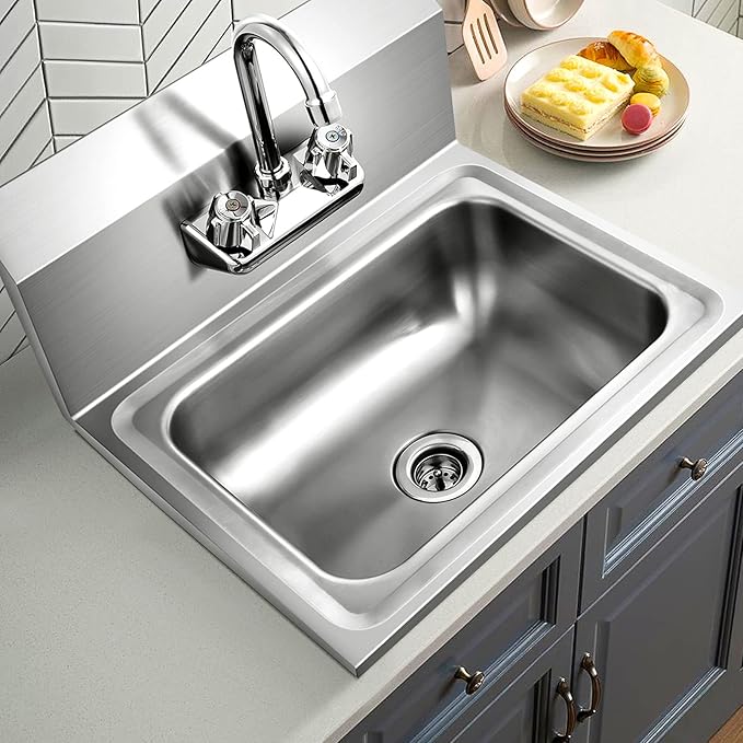 Giantex Stainless Steel Hand Washing Sink, Commercial Sink with Faucet, Strainer, Back Splash, Commercial Wall Mount Hand Basin for Restraunt, Bar, Store, 17" x 15"