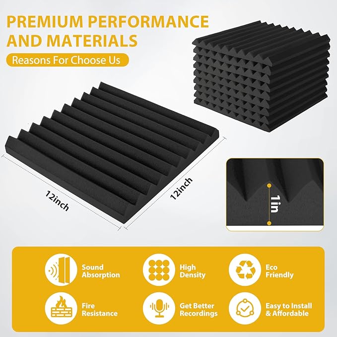 56 Pack Acoustic Foam Panels, 1" x 12"x 12" Sound Proof Foam Panels For Wall Fire Resistant, Noise Cancelling Dampening Sound Absorbing Black Wedge Panels For Studio Recording & Office & Home