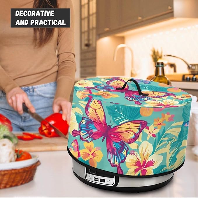 Butterfly Tropical Flower Leaf Print Slow Cooker Dust Cover Compatible with 6/7/8 Quart Slow Cooker Dust Proof Electric Slow Cooker Cover with Storage Pocket for Crock Pot Decor