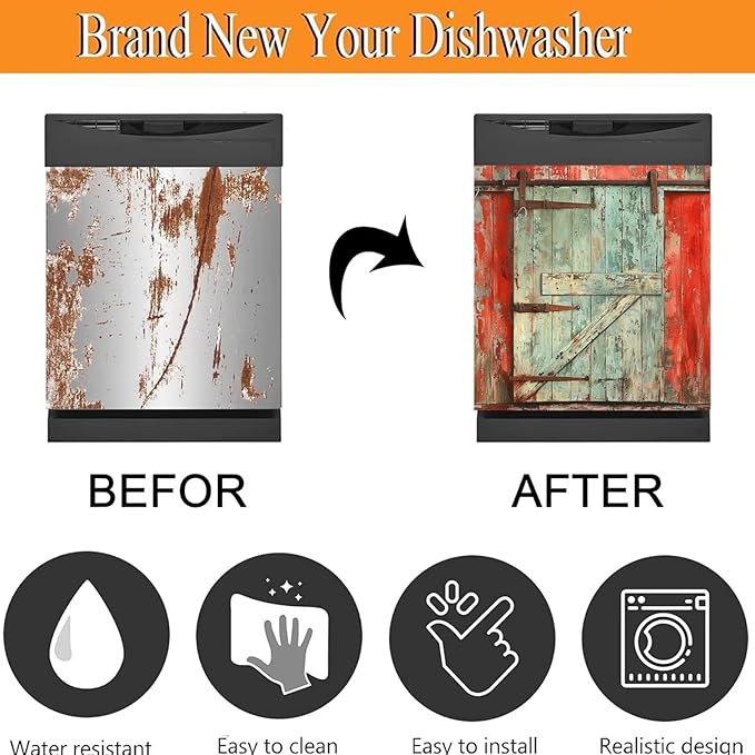 Paint Peeling Wood Door Dishwasher Decorative Cover, Vintage Barn Door Fridge Panel Decal, Dishwasher Skin Cover Sticker 23" W x 26" H Ordinary