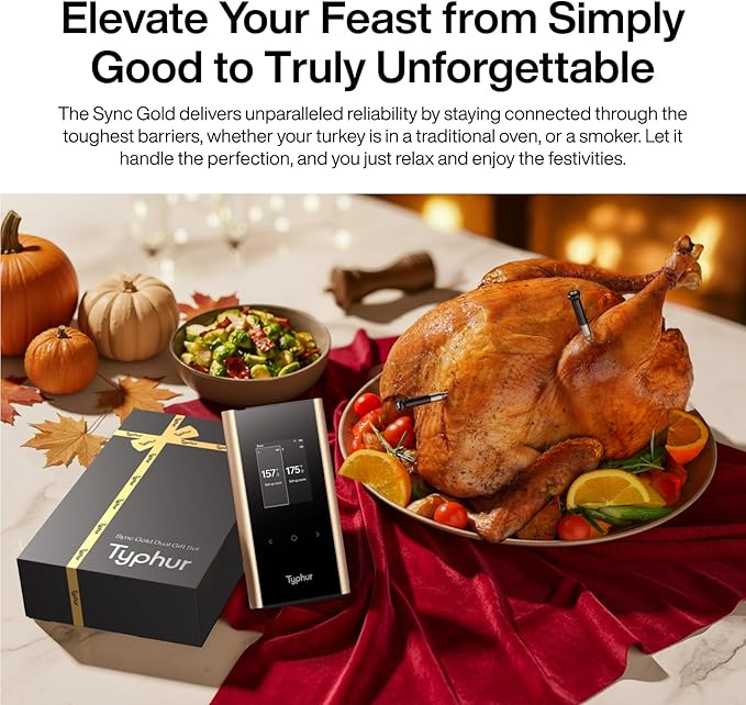 Typhur Sync Gold Dual Gift Set, WiFi Wireless Meat Thermometer with 2 Slim Probes & Storage Case, 6 Sensors, 10x Stronger Signal, Smart Base, ±0.5℉ Accuracy, Grill BBQ Christmas Gifts for Men