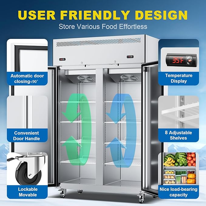 48"W 2 Door Commercial Refrigerator and Freezer Combo 38 Cu.ft Freezer for Restaurant, Bar, Shop Upright, Stainless Steel Reach-in, ETL and DOE Approved
