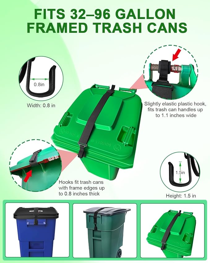 Adjustable Double Claw Trash Can Lock Strap to Prevent Raccoons, Mice, Dogs and Other Small Animals From Rummaging, Garbage Can Lid Lock Keeps Lid Securely in Place in Strong Winds (1 PC) | COMBATCH