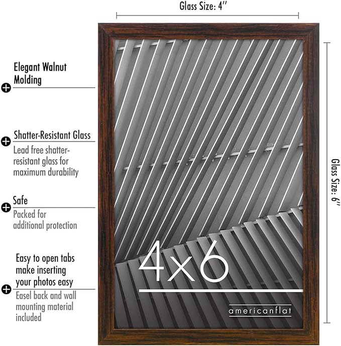 Americanflat 4x6 Picture Frame with Shatter-Resistant Glass - Streamline Collection - Thin Border Photo Frame for Tabletop and Wall Display - Hanging Hardware and Easel Stand Included - Walnut