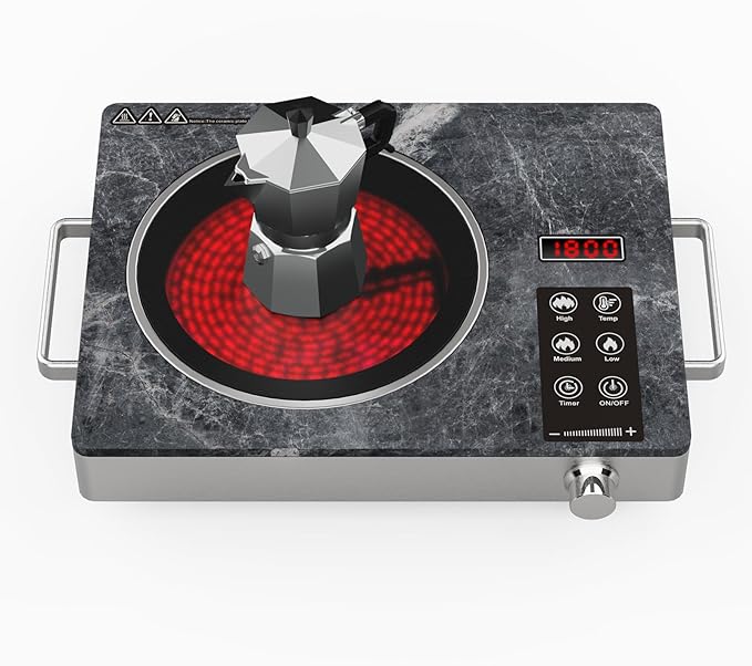 Portable Electric Stove 1800W, Single Burner Ceramic Hot Plate with Touch & Knob Control, Marble Glass Cooktop with Handles, Plug-in Infrared Cooktop for All Cookware