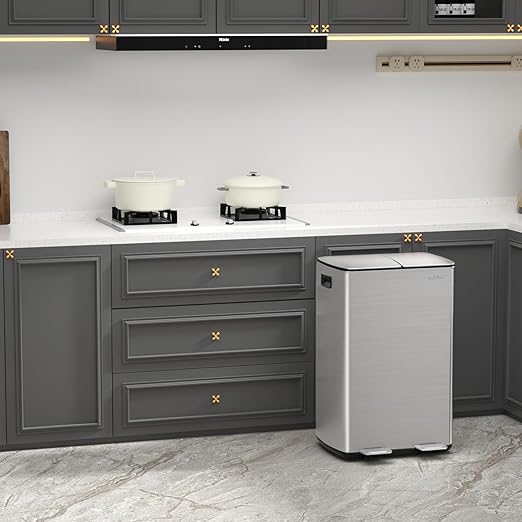mVm Dual Trash Can, 16 Gal (2x8Gal) Kitchen Trash Can with Soft-Close Lid, Brushed Stainless Steel Recycling Bin for Home Office, Anti-Fingerprint (Silver)