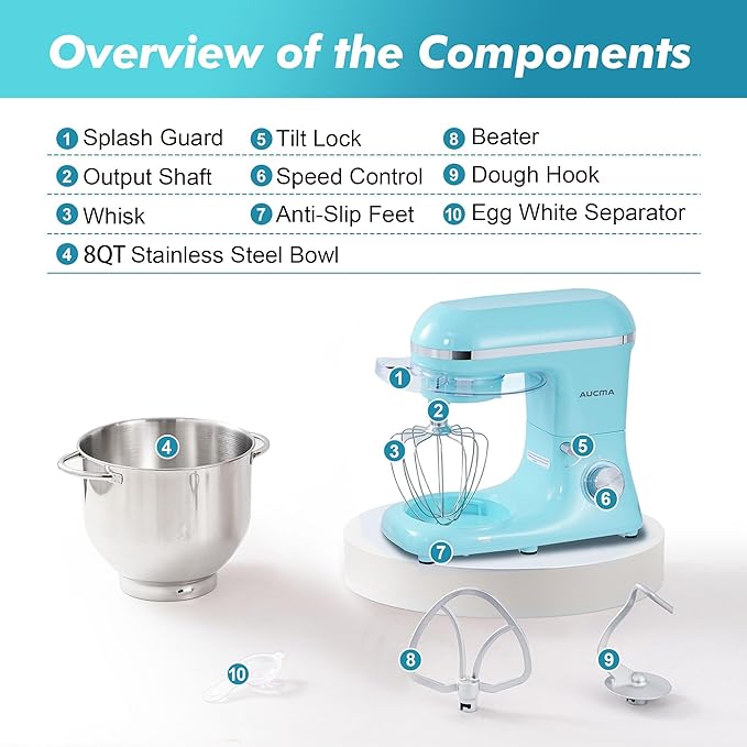 Aucma Stand Mixer, 8QT 900W 6-Speed Tilt-Head Food Mixer, Kitchen Electric Mixer with Dough Hook, Wire Whip & Beater (Blue, 8QT)