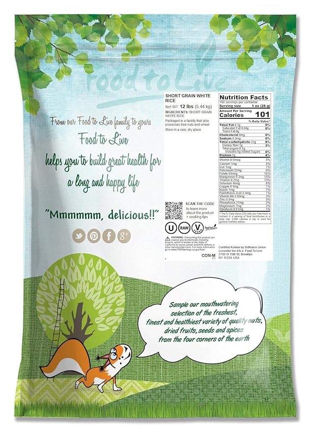 Food to Live Short-Grain White Rice, 12 Pounds – Premium Japanese Style Short-Grain, Perfectly Sticky, Vegan, Kosher rice. Easy to Cook. Great as a Side Dish. Great for Sushi, Rice Salads, Desserts