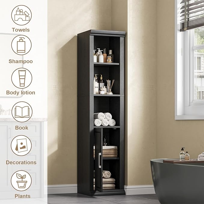 Rresyet Bathroom Cabinet, 60" Tall Bathroom Storage Cabinet with Adjustable Shelves and Doors for Small Space, Living Room, Entryway, Kitchen, Black