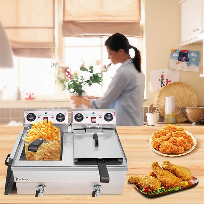 25QT/23.6L Commercial Deep Fryer with Basket and Lid, 3400W Electric Fryer with Adjustable Temperature & Timer, Stainless Steel Countertop Oil Fryers for French Fries, Onion Rings, Donuts