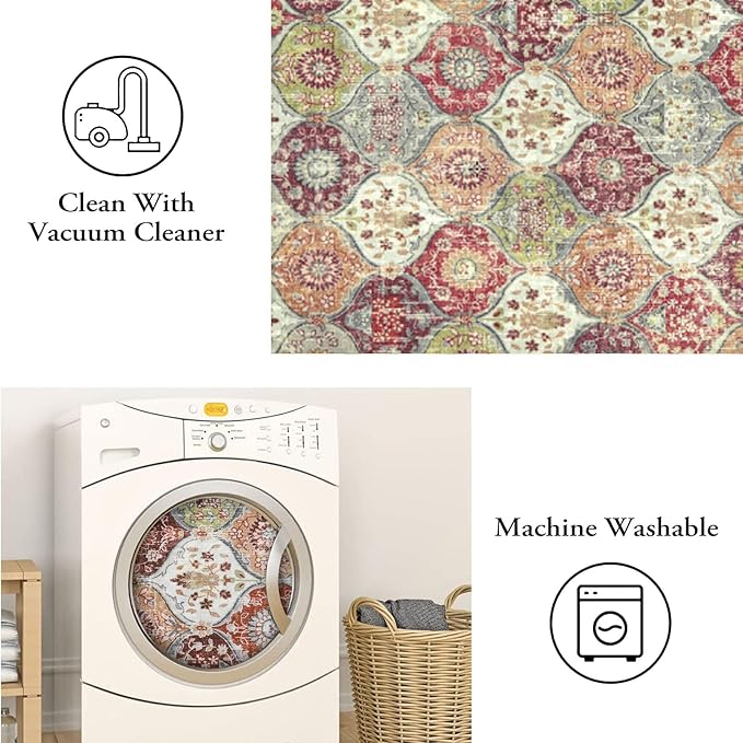 Lahome Moroccan Trellis Washable Round Rugs, Non-Slip Soft Round Rug 4ft Ultra-Thin, Small Vintage Circle Carpet for Entryway Kitchen Bedroom Nursery Bathroom, Orange/Terracotta