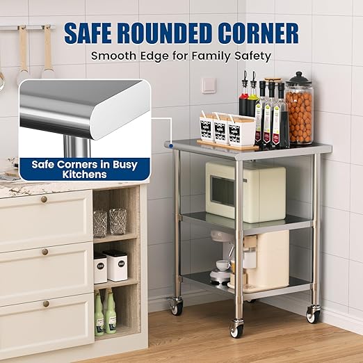 Stainless Steel Work Table with Wheels, 24x24 Inch NSF Kitchen Prep Table with 2 Adjustable Undershelves for Commercial Restaurant, Garage, Outdoor BBQ