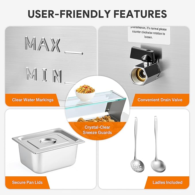 WILPREP 4-Pan Commercial Food Warmer with Sneeze Guard, Four 1/2 Pans, 1500W Countertop Electric Warmer, 86-185°F Adjustable Temp Control, Stainless Steel Buffet Bain Marie