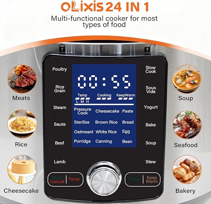 OLIXIS Electric Pressure Cooker 8.45Quart, 24 Functions in 1, Stainless Steel Pressure Cooker for Canning, Slowcook, Yogurt, Steam, Rice Grain, Soup, Bean, Poultry, Beef, Bake, Stew, Porridge