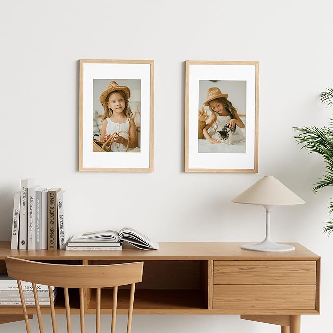 Vittanly 11x17 Picture Frame Set of 2, Solid Wood Frame for Wall Art Photo and Prints, Display Photo 8x12 with Mat or 11x17 without Mat, Natural