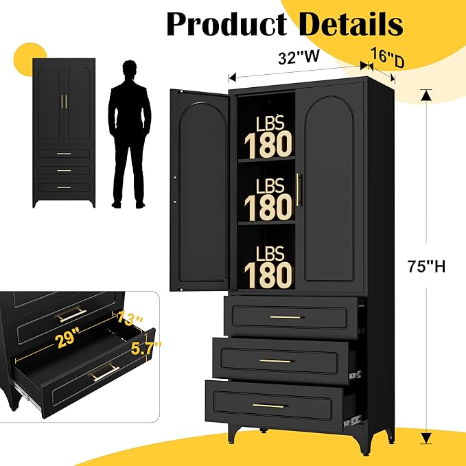 Metal Kitchen Pantry Storage Cabinet with 3 Drawers，75 Inch Black Food Pantry Cabinets for Kitchen Storage with 2 Adjustable Shelves,Tall Storage Cupboard for Living Room,Dining Room Office