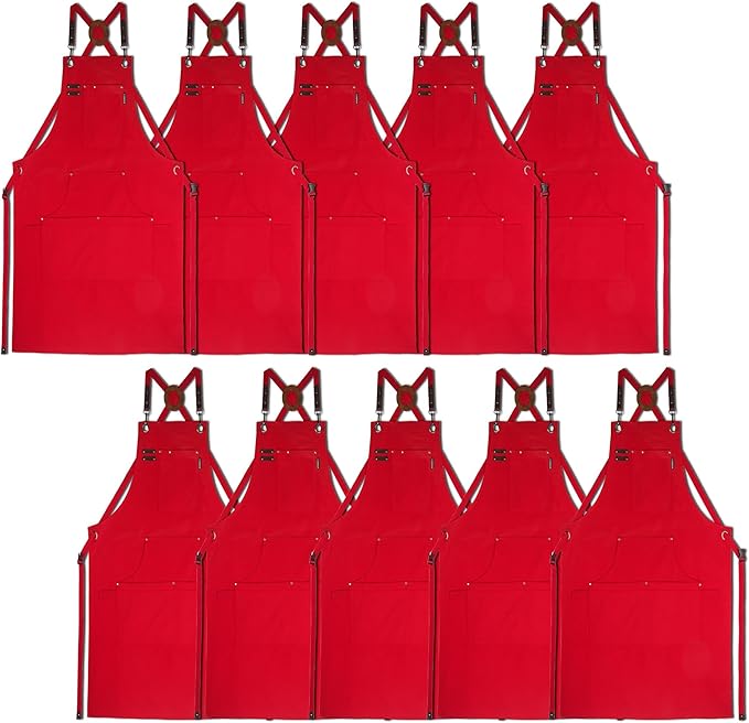 10 Pack Kitchen Aprons, Work Apron, Canvas, Multiple Pockets, Gardening, Painting, BBQ, Artist, Carpenter, Sizes M to XXL, Red