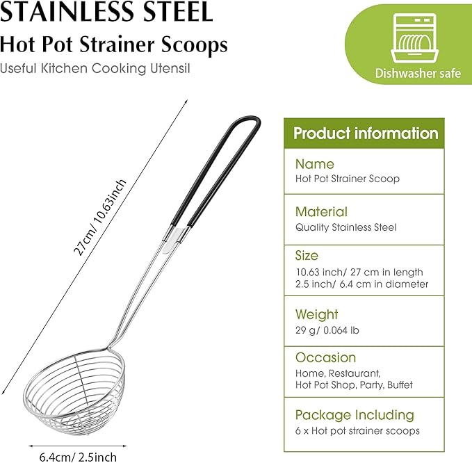 Geiserailie 6 Pieces 6 Pieces Hot Pot Kit Strainer Scoops Stainless Steel 2.5 Inch Mini Spider Strainer Skimmer Pasta Mesh Spoon Asian Skimmer Spoon Ladle with Handle for Home (Black)