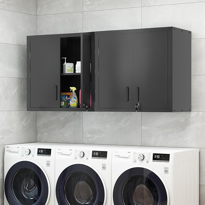 Garage Storage Cabinet Wall Cabinet with 2 Doors,Lockable Black Tool Cabinets Wall Mounted with Adjustale Shelves,Heavy Duty Hanging Cabinets for Warehouse Kitchen Laundry,Assembly Required