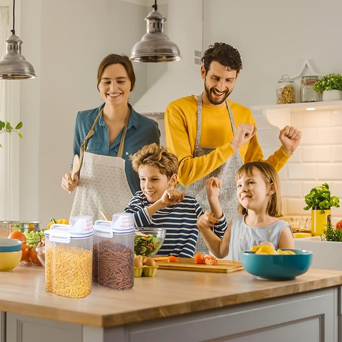 Rice Storage Bin 4 Pcs Cereal Containers Dispenser with Measuring Cup Plastic Storage Containers with Lids Kitchen Bin Rice Holder Food Sets for Flour Cereal, 2.5 l