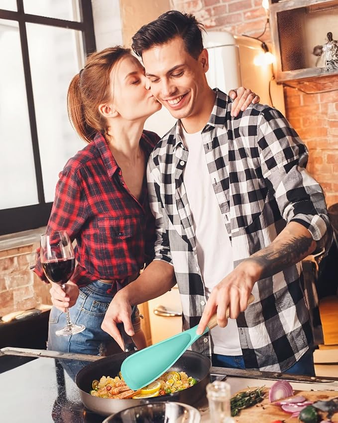 Cooking Spoon for Nonstick Cookwares, Great for Cooking and Serving Sturdy BPA-Free Matte Silicone, Wood Handle Spoon for Mixing, Scoop, and Scrape (GREEN, 11.4 inch)