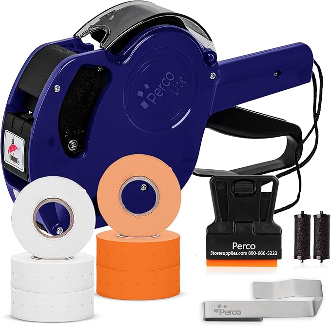 Perco Lite 1 Line Price Gun with Labels Kit - Includes 3 White Rolls, 3 Fluorescent Orange Rolls, 2 Ink Rollers, 1 Ink roll and Labels Pre-Loaded