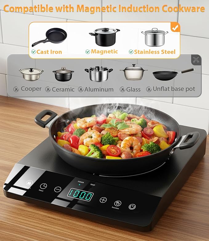 Single Burner Induction Cooktop, ETL-Certified 1800W Portable Induction Cooktop Large 8 inch Heating Coil, 12 Temp Settings up to 465℉ Electric Stove Hot Plate with 3 Hour Timer, Safety Lock