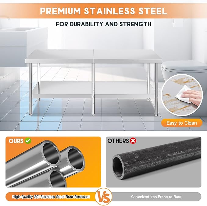 Jocisland 30" x 82" Stainless Steel Table for Prep & Work Adjustable Under Shelf and Feet, for Commercial Kitchen, Restaurant, Hotel and Garage