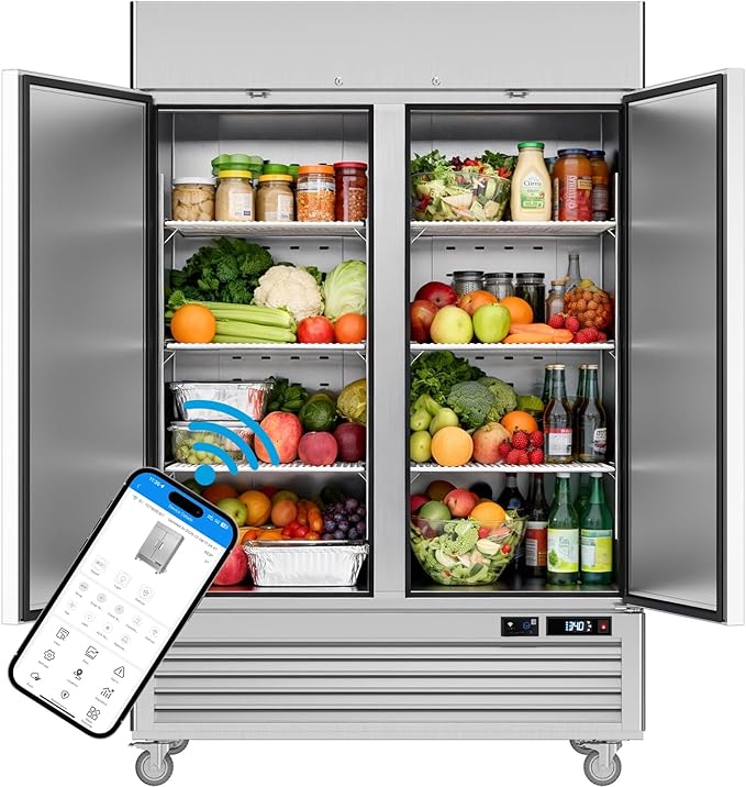 VEECOOL 54.4" W Commercial Refrigerators WiFi-Enabled, 49 cu.ft. Stainless Steel Reach in Fridge with 8 Shelves, APP & Digital Control, LED Lighting for Restaurant, Bar, Cafe, ETL&ETL Sanitation