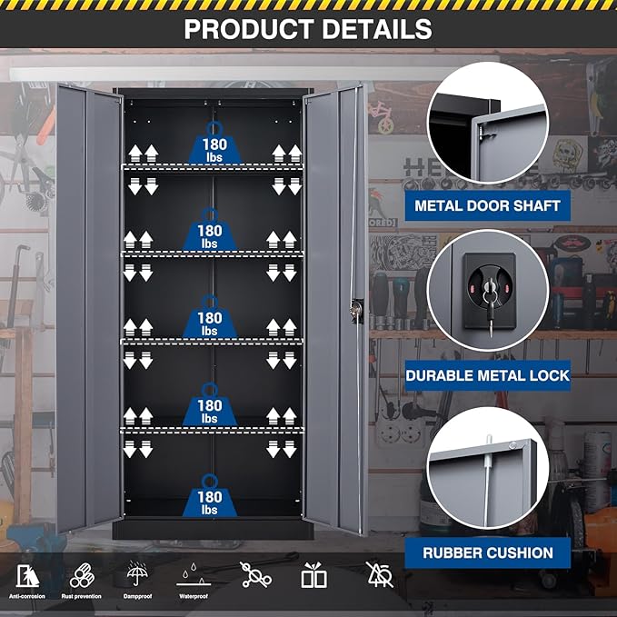 Metal Storage Cabinet-72” Tall Steel File Cabinets with Lockable Doors and Adjustable Shelves-Black&Gray Steel Storage Cabinet for Kitchen, Office, Garage