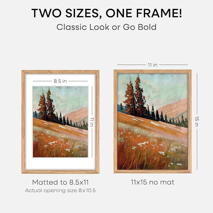 Homeforia 11x15 Picture Frame Wood, High End Natural Oak 11x15 Light Wooden Poster Frames with Mat 8.5x11, 11 x 15 Frame Matted to 8.5 x 11 Photo, 15x11 Thin Frames, Tempered Glass, Wall Kit, Set of 3