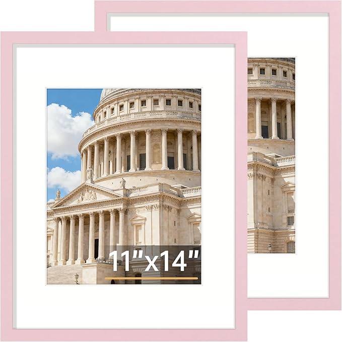 Vittanly 11x14 Picture Frame Set of 2, Solid Wood Frame for Wall Art Photo and Prints, Display Photo 8x10 with Mat or 11x14 without Mat, Pale Pink