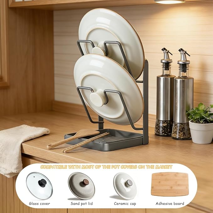 Kitchen Pot Lid Storage Rack, Multifunctional Stainless Steel Cookware Storage Rack With Removable Drip Tray, Space-saving kitchen Pot Lid Organizer, For Various Pot Lids (Grey, Double-Layer, 2PC)