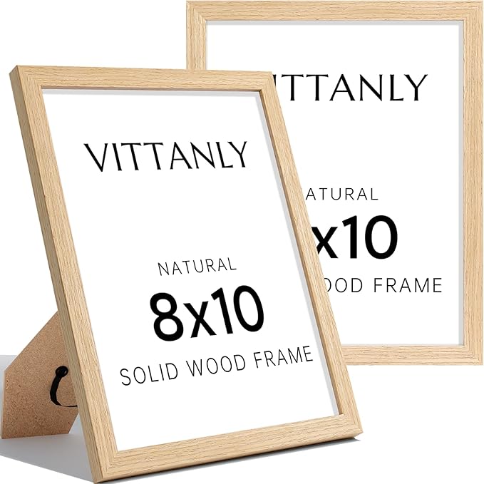 Vittanly 8x10 Picture Frame Set of 2, Solid Wood Frame for Wall or Tabletop, Display Photo 5x7 with Mat or 8x10 without Mat, Natural