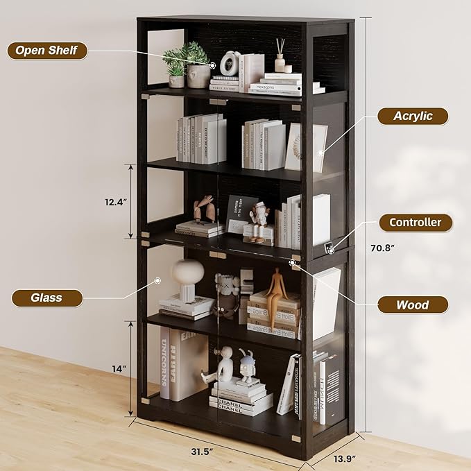70.8" H Glass Display Cabinet - 5-Tier Curio Cabinet with RGB LED Lights for Collectibles - Large Glass Display Case with Human Body Sensor for Bedroom Living Room Office - Black